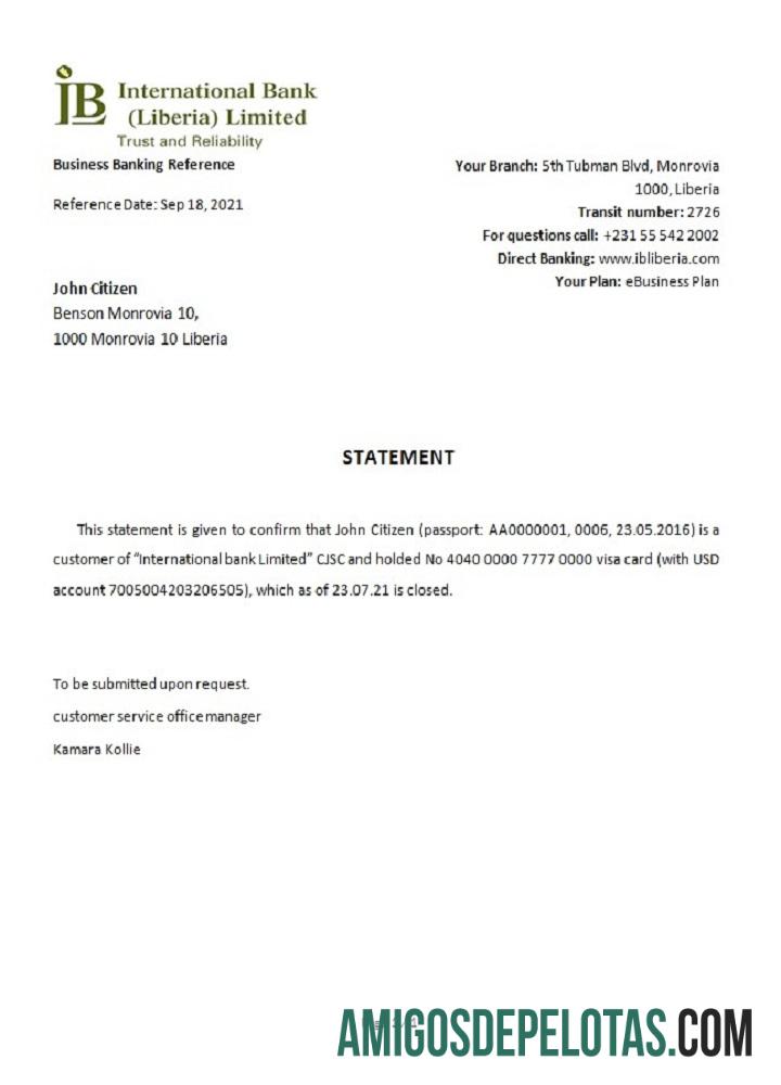 Referência de encerramento de banco internacional da Libéria IB exemplo real